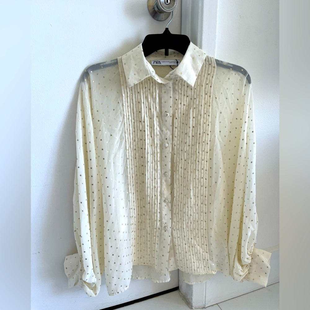 NWT - Beautiful, elegant and festive beige with gold dots long sleeve blouse